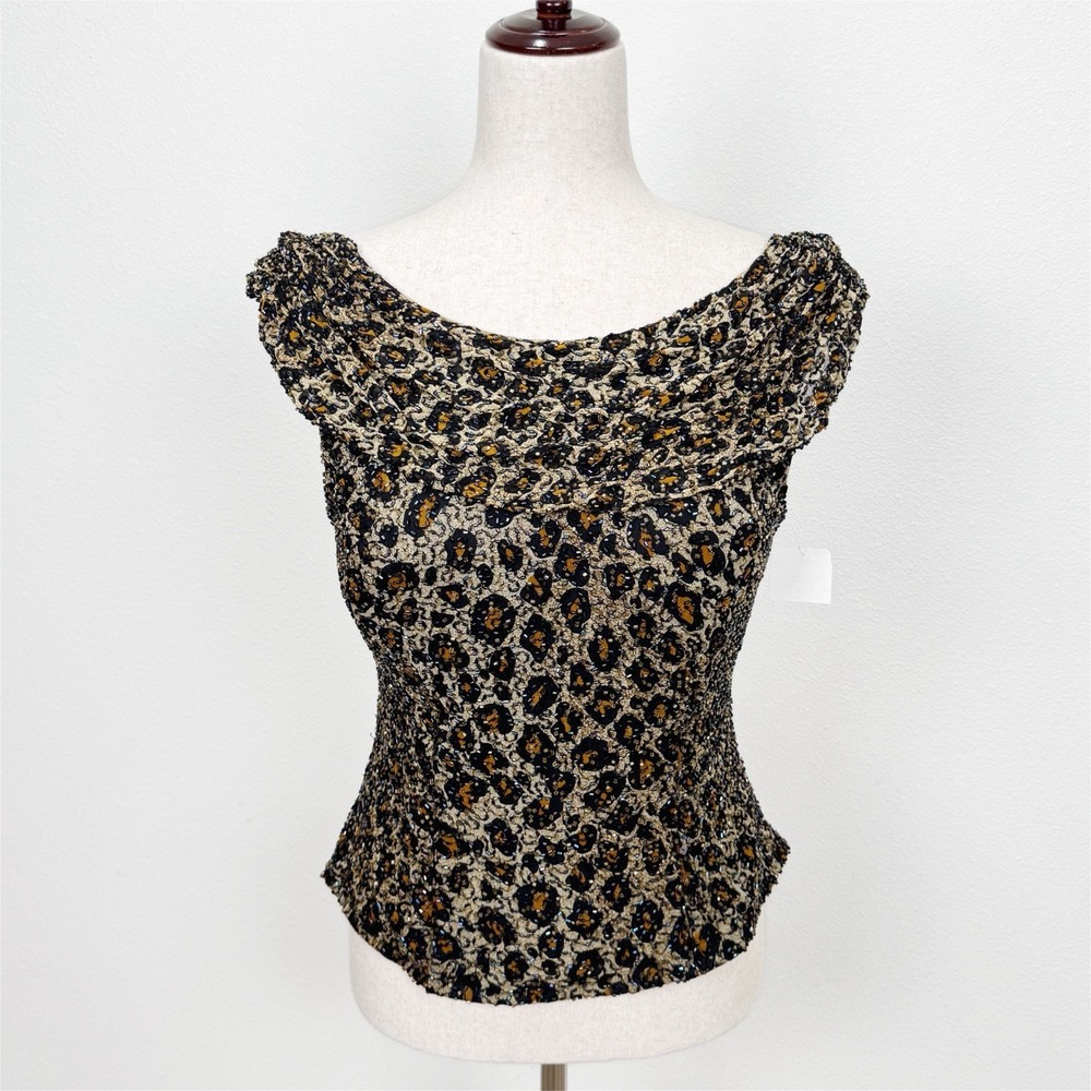 Vtg 90s Fairy Grunge Top Womens Medium Brown Beaded Silk Leopard Siren Retro NOS